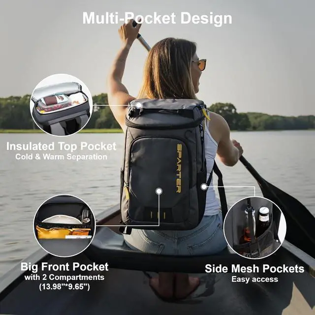 Alt view image 4 of 7 - SPARTER Backpack Cooler Insulated Leak Proof 33/49 Cans, 2 Insulated Compartments Thermal Bag, Portable Lightweight Beach Travel Camping Lunch Backpack for Men and Women