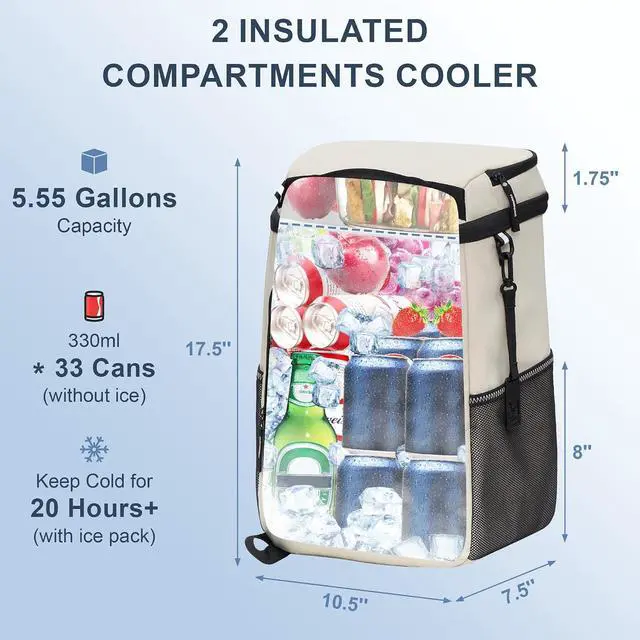 Alt view image 2 of 6 - SPARTER Backpack Cooler Insulated Leak Proof 33/49 Cans, 2 Insulated Compartments Thermal Bag, Portable Lightweight Beach Travel Camping Lunch Backpack for Men and Women