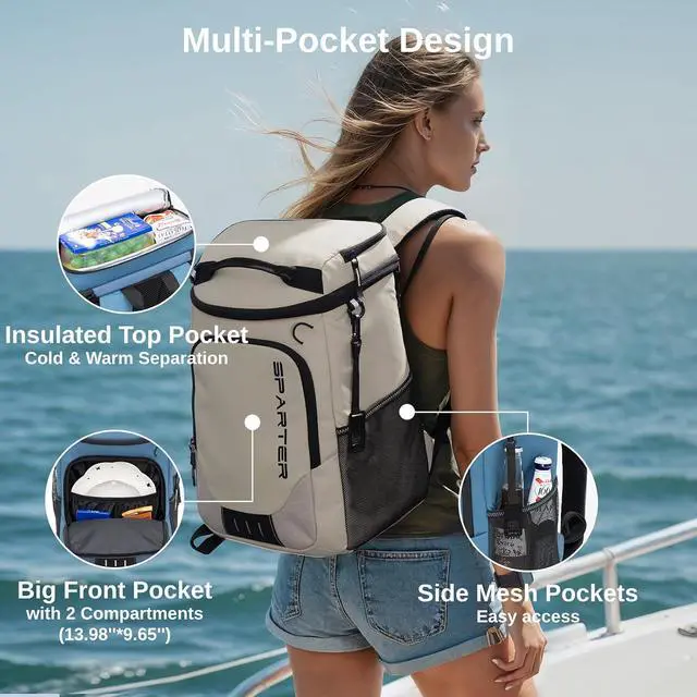 Alt view image 4 of 6 - SPARTER Backpack Cooler Insulated Leak Proof 33/49 Cans, 2 Insulated Compartments Thermal Bag, Portable Lightweight Beach Travel Camping Lunch Backpack for Men and Women