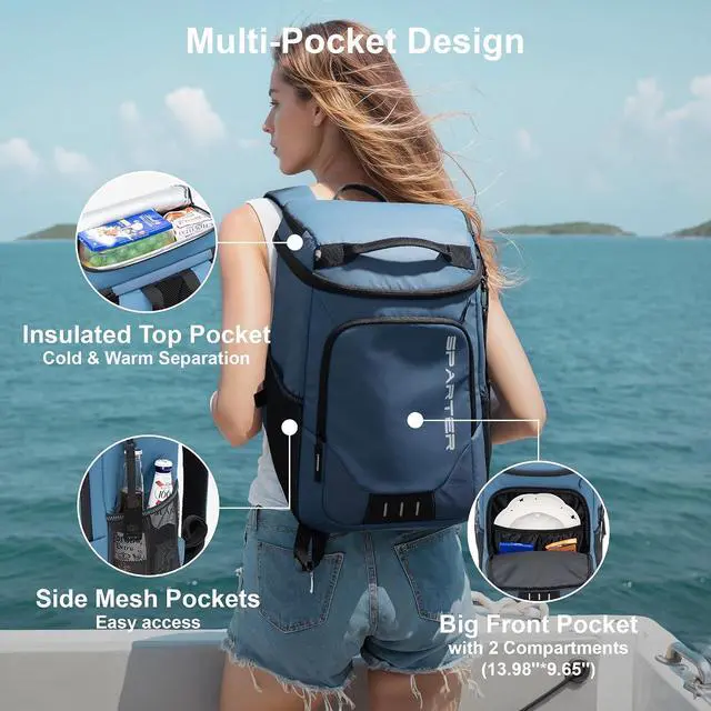 Alt view image 4 of 6 - SPARTER Backpack Cooler Insulated Leak Proof 33/49 Cans, 2 Insulated Compartments Thermal Bag, Portable Lightweight Beach Travel Camping Lunch Backpack for Men and Women