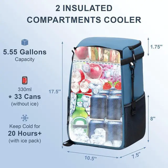 Alt view image 2 of 6 - SPARTER Backpack Cooler Insulated Leak Proof 33/49 Cans, 2 Insulated Compartments Thermal Bag, Portable Lightweight Beach Travel Camping Lunch Backpack for Men and Women