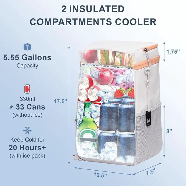 Alt view image 2 of 5 - SPARTER Backpack Cooler Insulated Leak Proof 33/49 Cans, 2 Insulated Compartments Thermal Bag, Portable Lightweight Beach Travel Camping Lunch Backpack for Men and Women