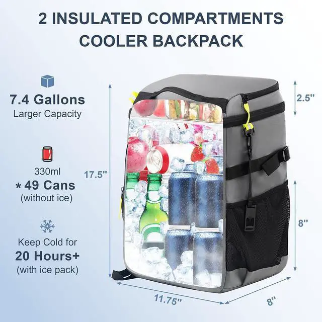 Alt view image 2 of 7 - SPARTER Backpack Cooler Insulated Leak Proof 33/49 Cans, 2 Insulated Compartments Thermal Bag, Portable Lightweight Beach Travel Camping Lunch Backpack for Men and Women
