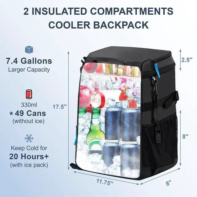 Alt view image 2 of 7 - SPARTER Backpack Cooler Insulated Leak Proof 33/49 Cans, 2 Insulated Compartments Thermal Bag, Portable Lightweight Beach Travel Camping Lunch Backpack for Men and Women