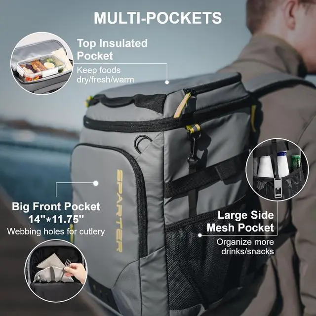 Alt view image 4 of 7 - SPARTER Backpack Cooler Insulated Leak Proof 33/49 Cans, 2 Insulated Compartments Thermal Bag, Portable Lightweight Beach Travel Camping Lunch Backpack for Men and Women