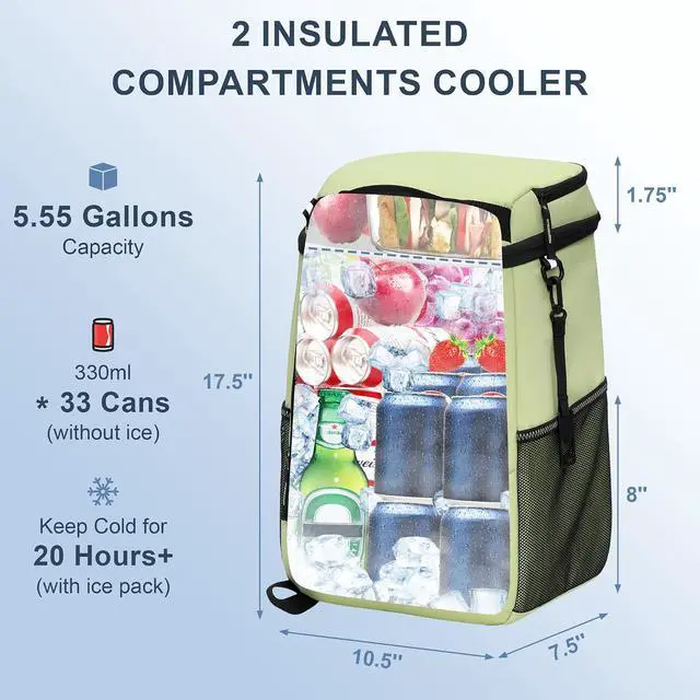 Alt view image 2 of 6 - SPARTER Backpack Cooler Insulated Leak Proof 33/49 Cans, 2 Insulated Compartments Thermal Bag, Portable Lightweight Beach Travel Camping Lunch Backpack for Men and Women
