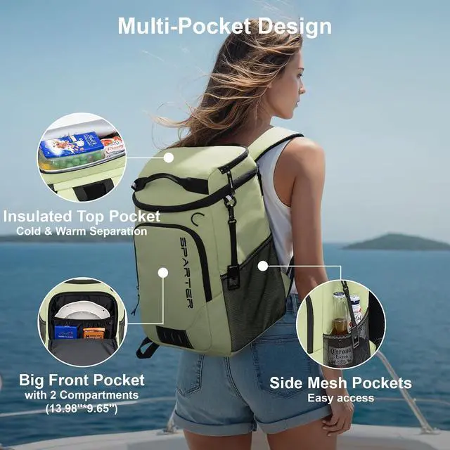 Alt view image 4 of 6 - SPARTER Backpack Cooler Insulated Leak Proof 33/49 Cans, 2 Insulated Compartments Thermal Bag, Portable Lightweight Beach Travel Camping Lunch Backpack for Men and Women