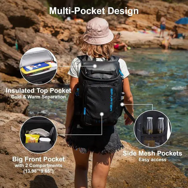 Alt view image 4 of 7 - SPARTER Backpack Cooler Insulated Leak Proof 33/49 Cans, 2 Insulated Compartments Thermal Bag, Portable Lightweight Beach Travel Camping Lunch Backpack for Men and Women