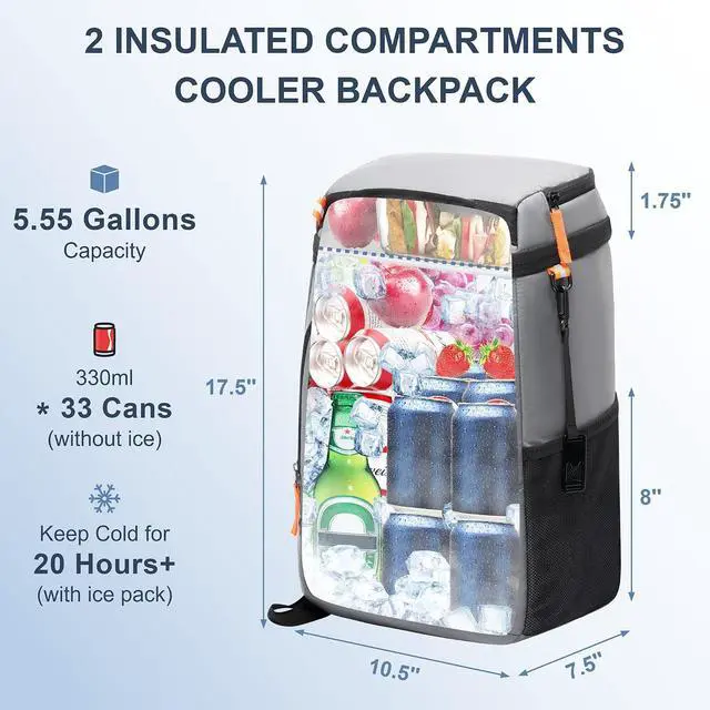 Alt view image 2 of 7 - SPARTER Backpack Cooler Insulated Leak Proof 33/49 Cans, 2 Insulated Compartments Thermal Bag, Portable Lightweight Beach Travel Camping Lunch Backpack for Men and Women