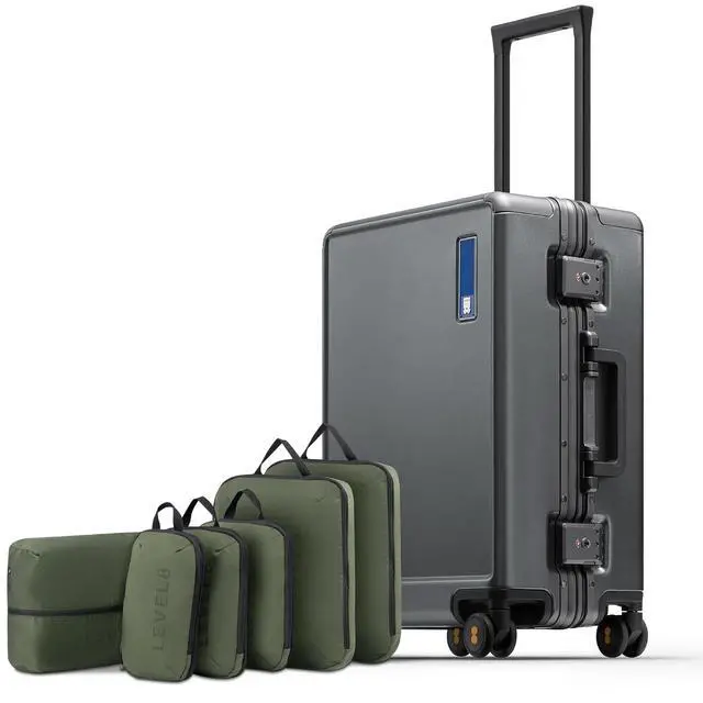 Main image of LEVEL8 Zipperless Carry On Luggage Airline Approved with Aluminum Frame, Hard Shell Suitcase with Spinner Wheels, Metal Checked Luggage, 20 Inch, Grey