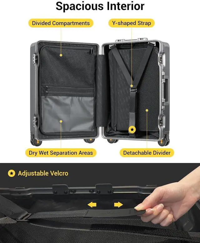 Alt view image 6 of 7 - LEVEL8 Zipperless Carry On Luggage Airline Approved with Aluminum Frame, Hard Shell Suitcase with Spinner Wheels, Metal Checked Luggage, 20 Inch, Grey