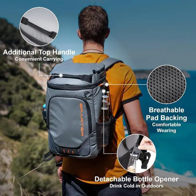 Alt view image 6 of 7 - SPARTER Backpack Cooler Insulated Leak Proof 33/49 Cans, 2 Insulated Compartments Thermal Bag, Portable Lightweight Beach Travel Camping Lunch Backpack for Men and Women