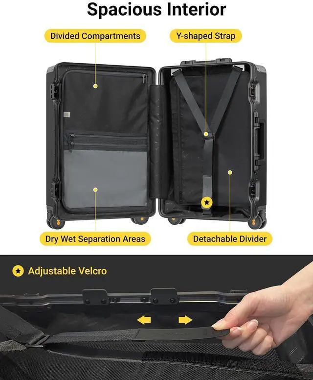 Alt view image 5 of 7 - LEVEL8 Zipperless Checked Luggage with Aluminum Frame, Upgraded Medium Hardside Suitcase with Spinner Wheels, Metal Travel Luggage with Double Tsa Locks, 24 Inch, Black