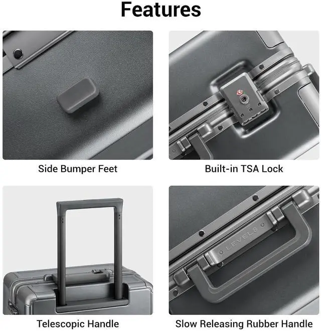 Alt view image 7 of 7 - LEVEL8 Zipperless Carry On Luggage Airline Approved with Aluminum Frame, Hard Shell Suitcase with Spinner Wheels, Metal Checked Luggage with Double Tsa Locks, 20 Inch, Grey