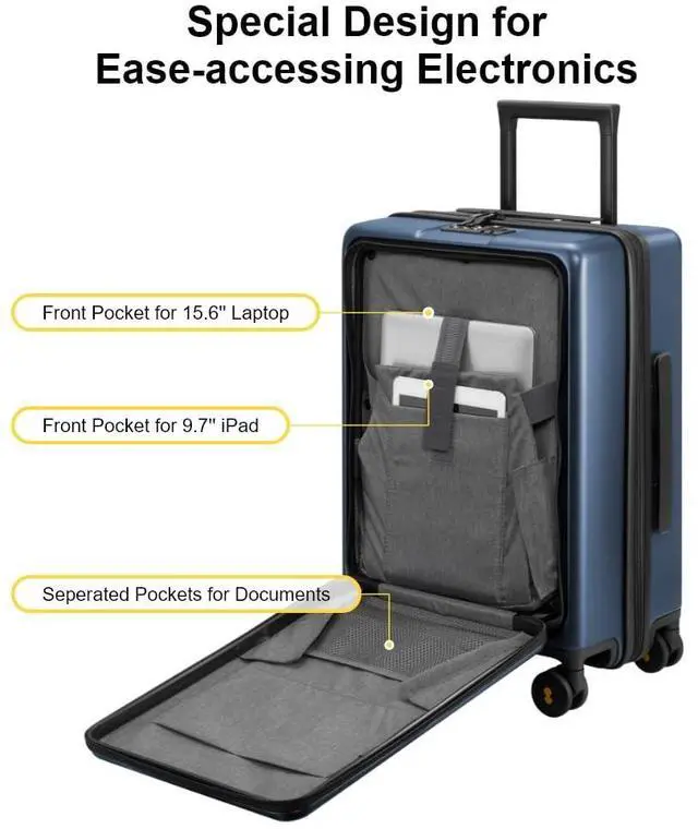Alt view image 3 of 7 - LEVEL8 Road Runner Carry On Luggage with Front Compartment, 20 Inch Lightweight Hard Shell Suitcases with Wheels Airline Approved, Tsa Locks for Luggage, Blue,21.46" x 14.57" x 9.45"