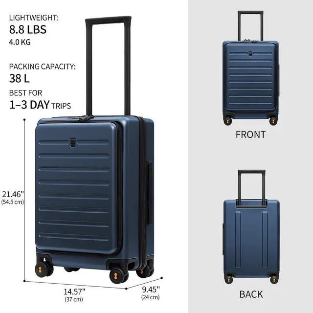 Alt view image 4 of 7 - LEVEL8 Road Runner Carry On Luggage with Front Compartment, 20 Inch Lightweight Hard Shell Suitcases with Wheels Airline Approved, Tsa Locks for Luggage, Blue,21.46" x 14.57" x 9.45"