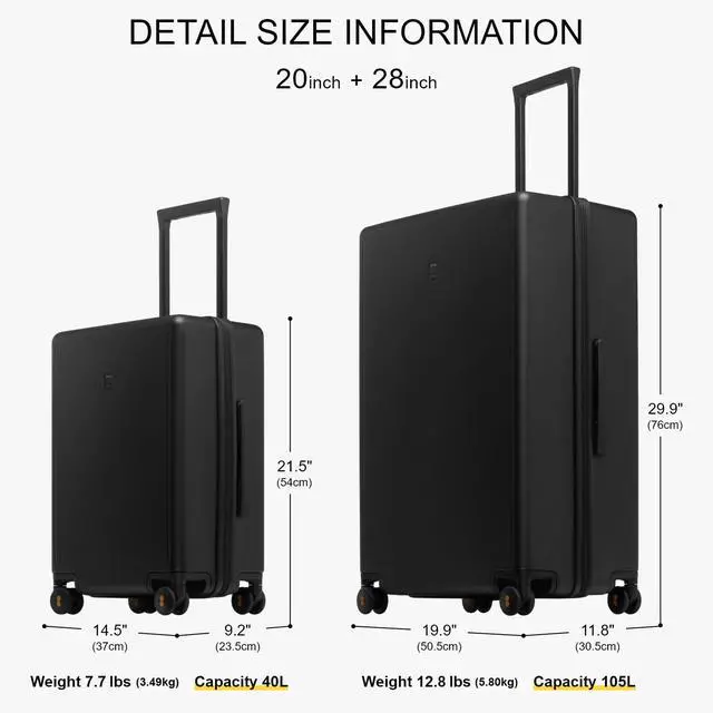 Alt view image 2 of 7 - LEVEL8 Elegance Matte Luggage Set, 20 Inch Carry-on Luggage, 28 Large Suitcase Lightweight Hardside Suitcases with Wheels,Tsa Lock,2-Piece Set(20/28), Black