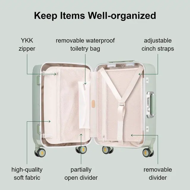 Alt view image 3 of 7 - LEVEL8 Zipperless Carry On Luggage Airline Approved with Aluminum Frame, Cute Hardside Suitcase with Spinner Wheels, Metal Rolling Travel Case with Tsa Locks, 20 Inch, Light Green