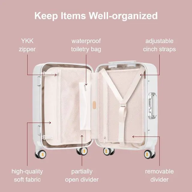 Alt view image 3 of 7 - LEVEL8 Zipperless Carry On Luggage Airline Approved with Aluminum Frame, Cute Hardshell Suitcase with Spinner Wheels, Metal Rolling Travel Case with Tsa Locks, 20 Inch, Off White