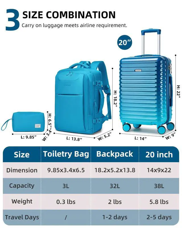 Alt view image 4 of 7 - LARVENDER Carry on Luggage 22x14x9 Airline Approved, Expandable 20 Inch Hardside Large Suitcase with Wheels TSA Lock, Lightweigh PC+ABS Travel Carry-on Suitcases for Women and Men, Ocean Breeze