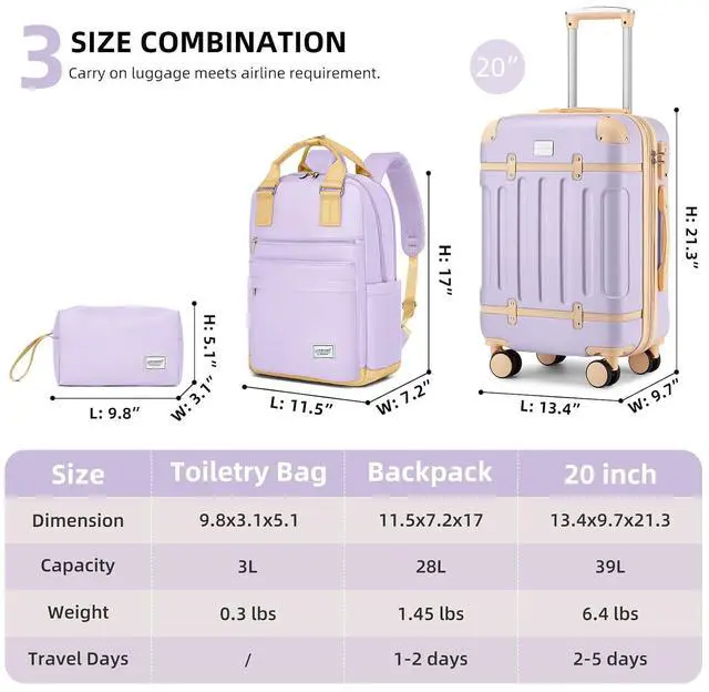 Alt view image 4 of 7 - LARVENDER Luggage Sets 3 Piece Expandable Carry on Luggage 22x14x9 Airline Approved Hardshell Suitcase with Wheels TSA Lock, Lightweight Suitcase Set for Women with Travel Backpack, Lavender