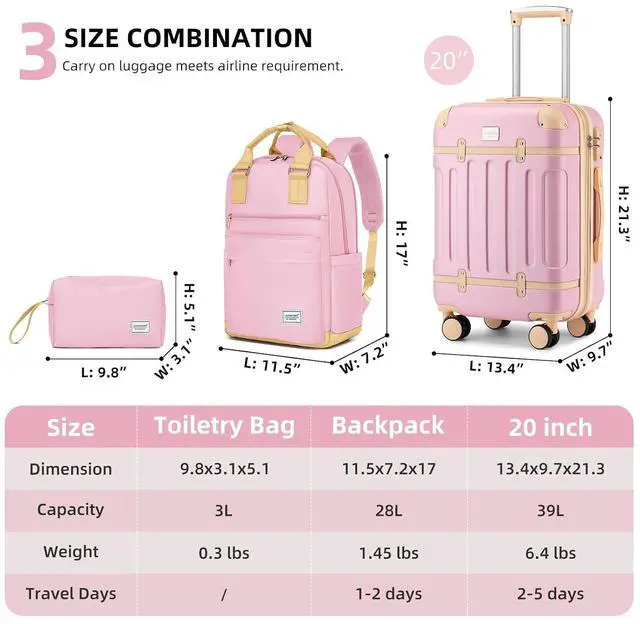 Alt view image 5 of 7 - LARVENDER Luggage Sets 3 Piece Expandable Carry on Luggage 22x14x9 Airline Approved Hardshell Suitcase with Wheels TSA Lock, Lightweight Suitcase Set for Women with Travel Backpack, Light Pink