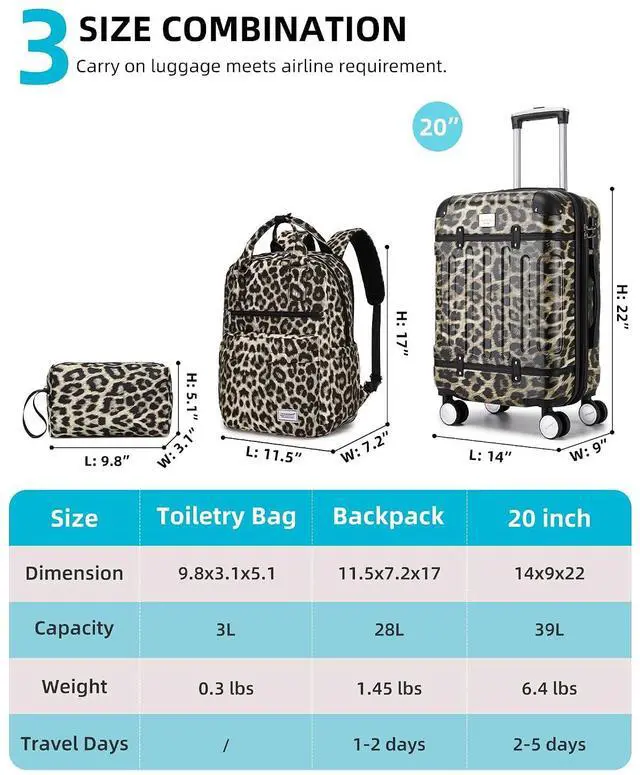 Alt view image 5 of 7 - LARVENDER Luggage Sets 3 Piece Expandable Carry on Luggage 22x14x9 Airline Approved Hardshell Suitcase with Wheels TSA Lock, Lightweight Suitcase Set for Women with Travel Backpack, Cheetah