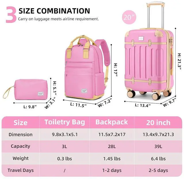 Alt view image 4 of 7 - LARVENDER Luggage Sets 3 Piece Expandable Carry on Luggage 22x14x9 Airline Approved Hardshell Suitcase with Wheels TSA Lock, Lightweight Suitcase Set for Women with Travel Backpack, Berry