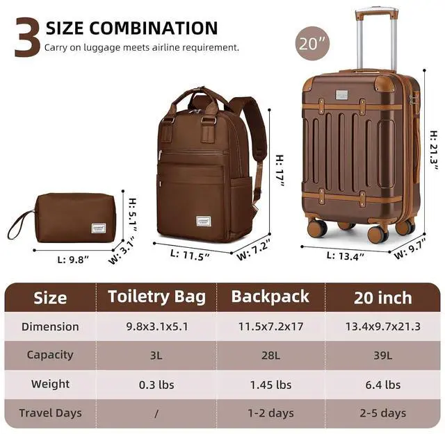 Alt view image 4 of 7 - LARVENDER Luggage Sets 3 Piece Expandable Carry on Luggage 22x14x9 Airline Approved Hardshell Suitcase with Wheels TSA Lock, Lightweight Suitcase Set for Women with Travel Backpack, Maple