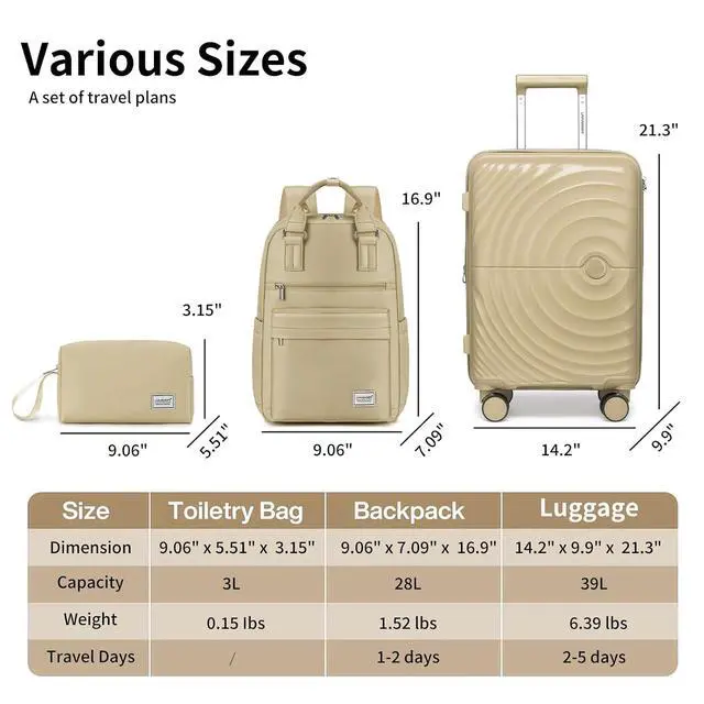 Alt view image 6 of 6 - LARVENDER Luggage Sets 3 Piece Set Suitcase Hardshell Expandable Carry On