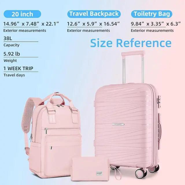 Alt view image 7 of 7 - LARVENDER Luggage Sets 3 Piece, Expandable Carry On Luggage 22x14x9 Airline Approved, 20 Inch Hardshell & Lightweight PP Carry On Suitcase for Women with Spinner Wheels TSA Lock, Light Pink