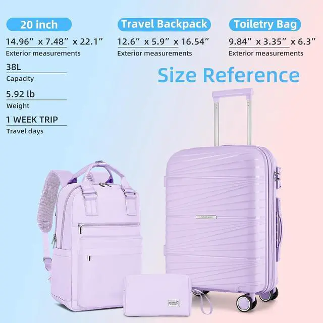 Alt view image 7 of 7 - LARVENDER Luggage Sets 3 Piece, Expandable Carry On Luggage 22x14x9 Airline Approved, 20 Inch Hardshell & Lightweight PP Carry On Suitcase for Women with Spinner Wheels TSA Lock, Lavender