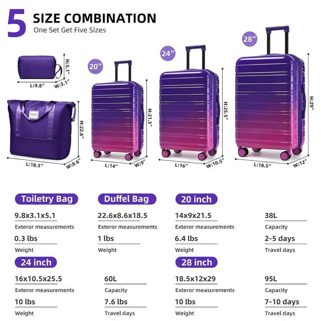 Alt view image 3 of 7 - LARVENDER 5 Piece Luggage Set Hardside Expandable 20 24 28 Inch Midnight Berry