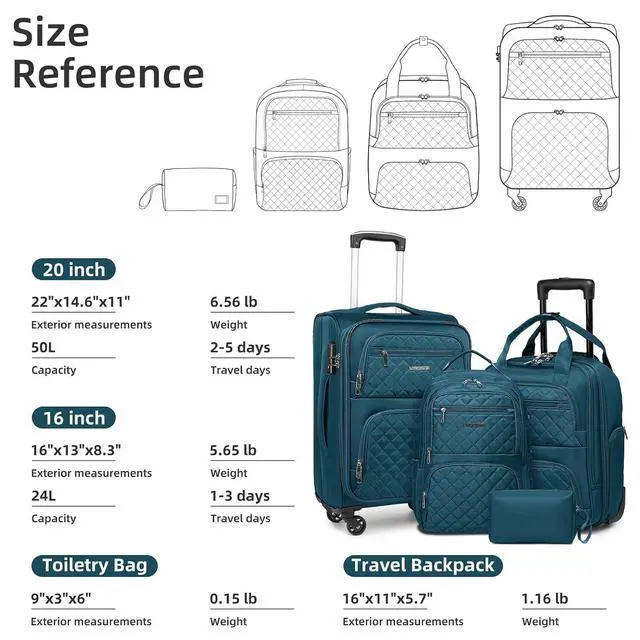 Alt view image 3 of 7 - LARVENDER 4 Piece Luggage Set with Spinner Wheels - Expandable Softside Carry On Suitcase 22x14x9 Airline Approved, 16 20" Carry On Luggage,TSA Lock, Blue