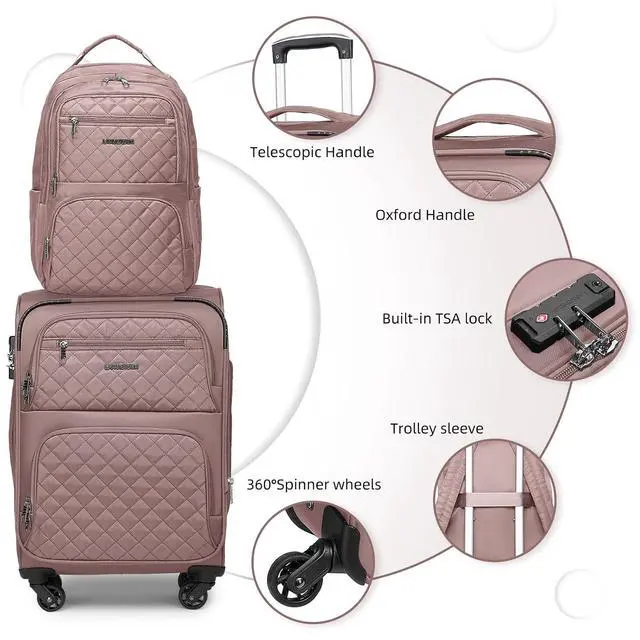 Alt view image 2 of 7 - LARVENDER 4 Piece Luggage Set with Spinner Wheels - Expandable Softside Carry On Suitcase 22x14x9 Airline Approved, 16 20" Carry On Luggage,TSA Lock, Pink