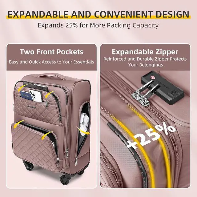 Alt view image 5 of 7 - LARVENDER 4 Piece Luggage Set with Spinner Wheels - Expandable Softside Carry On Suitcase 22x14x9 Airline Approved, 16 20" Carry On Luggage,TSA Lock, Pink