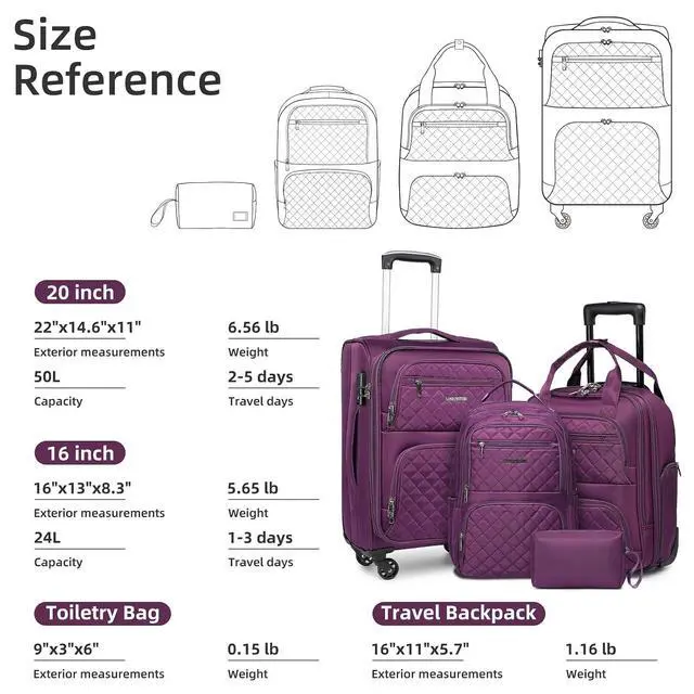 Alt view image 3 of 7 - LARVENDER 4 Piece Luggage Set with Spinner Wheels - Expandable Softside Carry On Suitcase 22x14x9 Airline Approved, 16 20" Carry On Luggage,TSA Lock, Purple