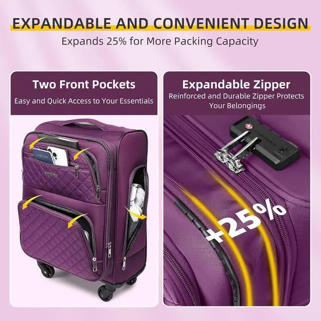 Alt view image 5 of 7 - LARVENDER 4 Piece Luggage Set with Spinner Wheels - Expandable Softside Carry On Suitcase 22x14x9 Airline Approved, 16 20" Carry On Luggage,TSA Lock, Purple