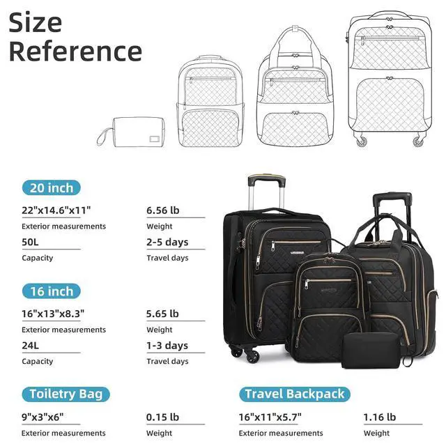 Alt view image 3 of 7 - LARVENDER 4 Piece Luggage Set with Spinner Wheels - Expandable Softside Carry On Suitcase 22x14x9 Airline Approved, 16 20" Carry On Luggage,TSA Lock, Black