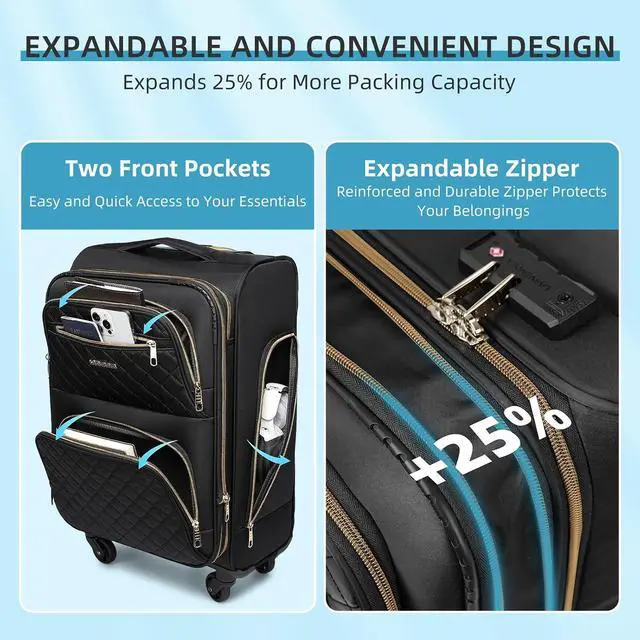 Alt view image 5 of 7 - LARVENDER 4 Piece Luggage Set with Spinner Wheels - Expandable Softside Carry On Suitcase 22x14x9 Airline Approved, 16 20" Carry On Luggage,TSA Lock, Black