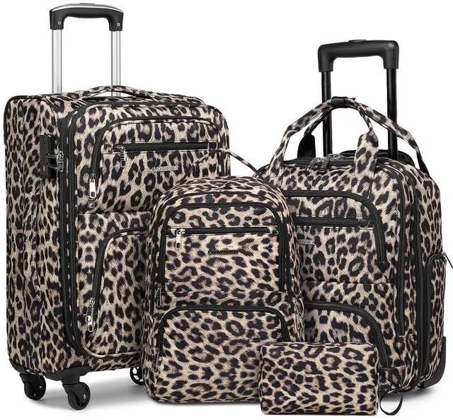 Main image of LARVENDER 4 Piece Luggage Set with Spinner Wheels - Expandable Softside Carry On Suitcase 22x14x9 Airline Approved, 16 20" Carry On Luggage,TSA Lock, Leopard Print