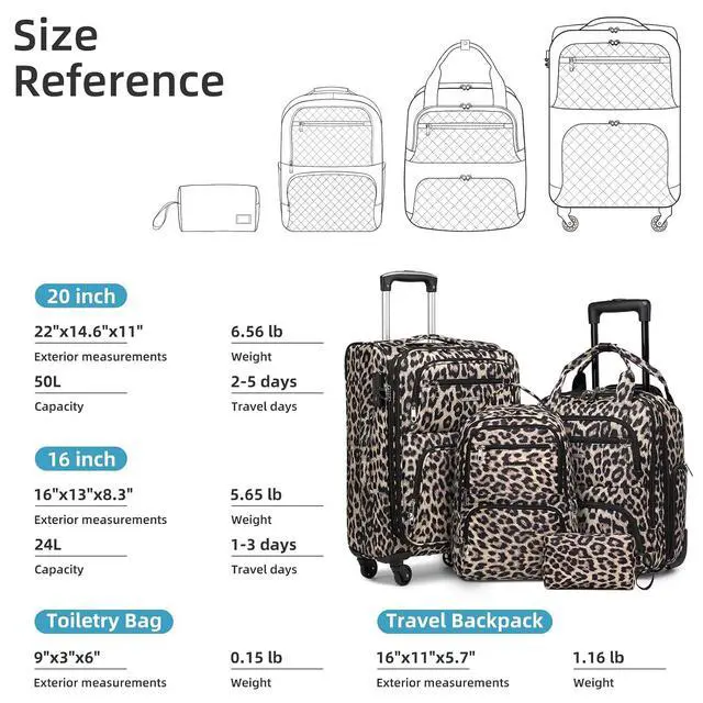 Alt view image 3 of 7 - LARVENDER 4 Piece Luggage Set with Spinner Wheels - Expandable Softside Carry On Suitcase 22x14x9 Airline Approved, 16 20" Carry On Luggage,TSA Lock, Leopard Print