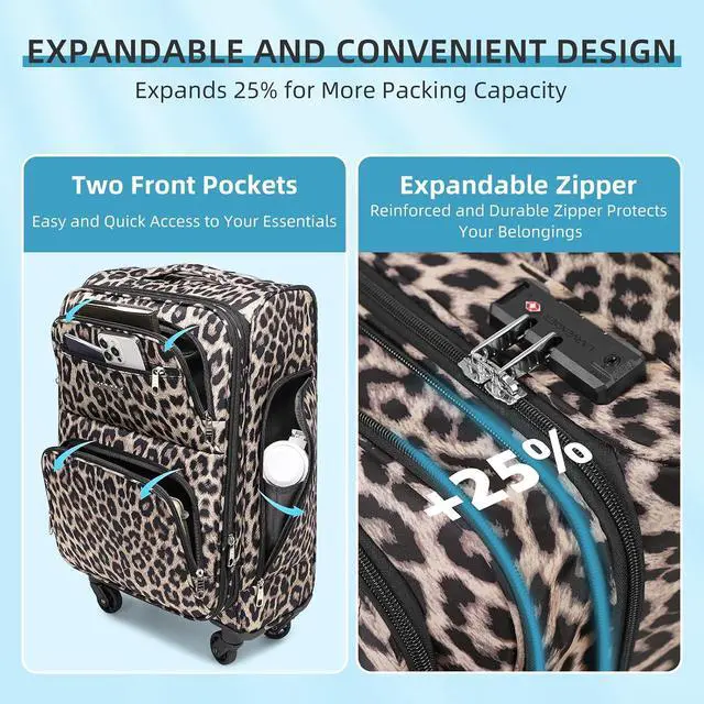 Alt view image 5 of 7 - LARVENDER 4 Piece Luggage Set with Spinner Wheels - Expandable Softside Carry On Suitcase 22x14x9 Airline Approved, 16 20" Carry On Luggage,TSA Lock, Leopard Print
