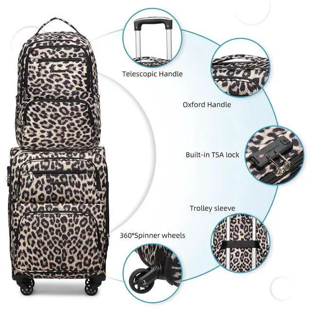 Alt view image 2 of 7 - LARVENDER 4 Piece Luggage Set with Spinner Wheels - Expandable Softside Carry On Suitcase 22x14x9 Airline Approved, 16 20" Carry On Luggage,TSA Lock, Leopard Print