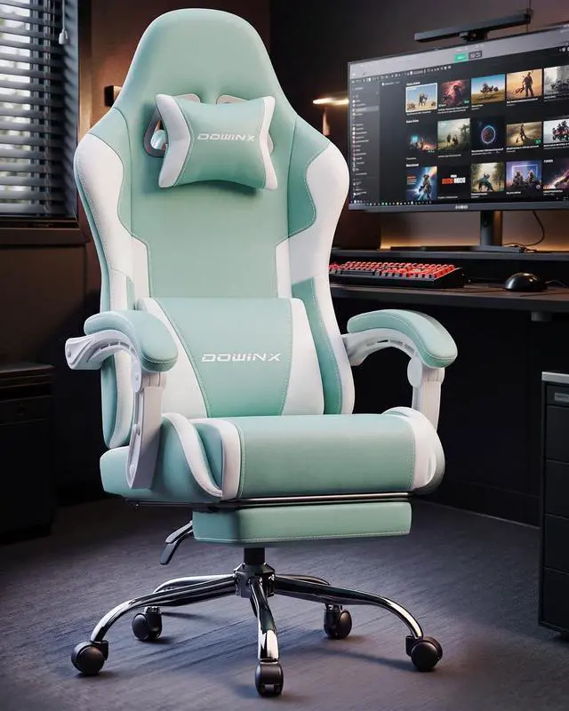 Alt view image 2 of 7 - Dowinx Ergonomic Gaming Chair with Footrest & Massage Lumbar, 2D-Linkage Armrests for Computer Chair 330lbs with Headrest Pillow for Office, Home, Streaming and Long Gaming Sessions, Fabric Blue White