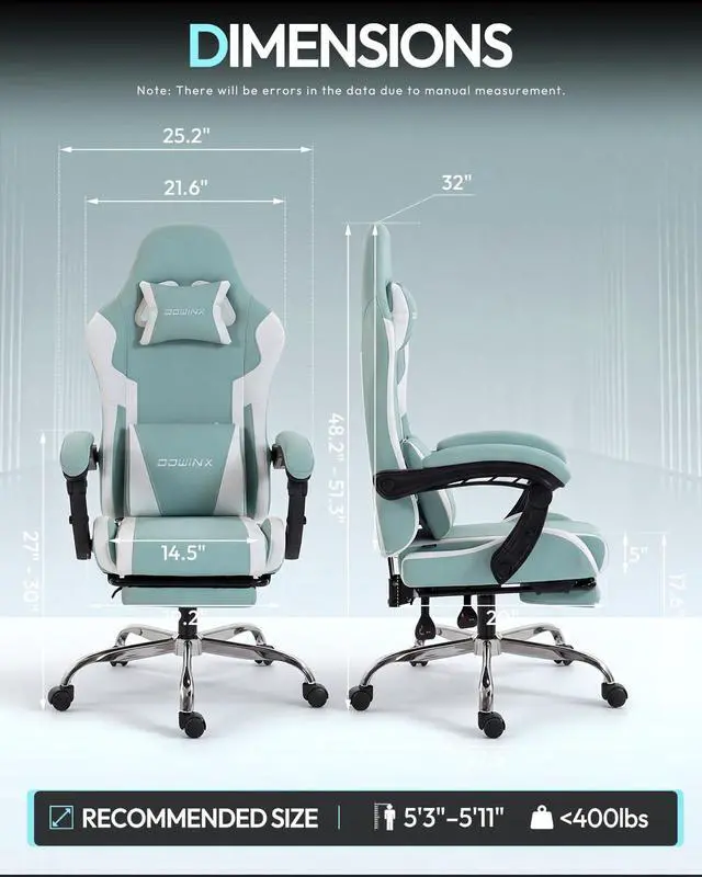 Alt view image 3 of 7 - Dowinx Ergonomic Gaming Chair with Footrest & Massage Lumbar, 2D-Linkage Armrests for Computer Chair 330lbs with Headrest Pillow for Office, Home, Streaming and Long Gaming Sessions, Fabric Blue White