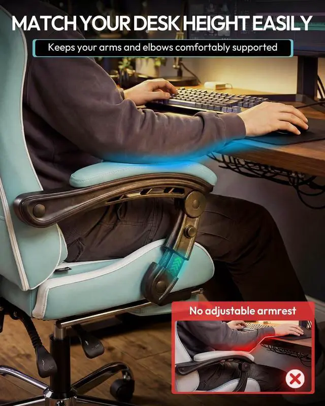 Alt view image 4 of 7 - Dowinx Ergonomic Gaming Chair with Footrest & Massage Lumbar, 2D-Linkage Armrests for Computer Chair 330lbs with Headrest Pillow for Office, Home, Streaming and Long Gaming Sessions, Fabric Blue White