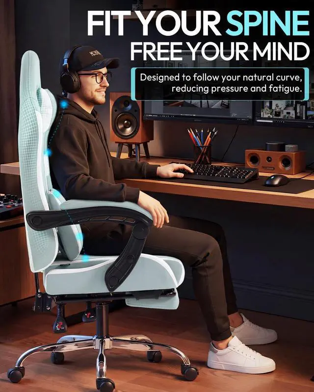 Alt view image 6 of 7 - Dowinx Ergonomic Gaming Chair with Footrest & Massage Lumbar, 2D-Linkage Armrests for Computer Chair 330lbs with Headrest Pillow for Office, Home, Streaming and Long Gaming Sessions, Fabric Blue White