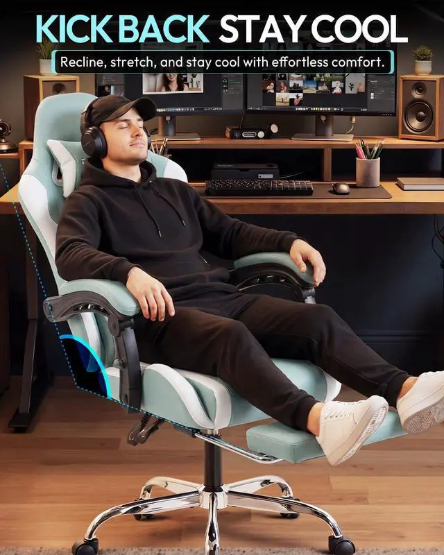 Alt view image 5 of 7 - Dowinx Ergonomic Gaming Chair with Footrest & Massage Lumbar, 2D-Linkage Armrests for Computer Chair 330lbs with Headrest Pillow for Office, Home, Streaming and Long Gaming Sessions, Fabric Blue White