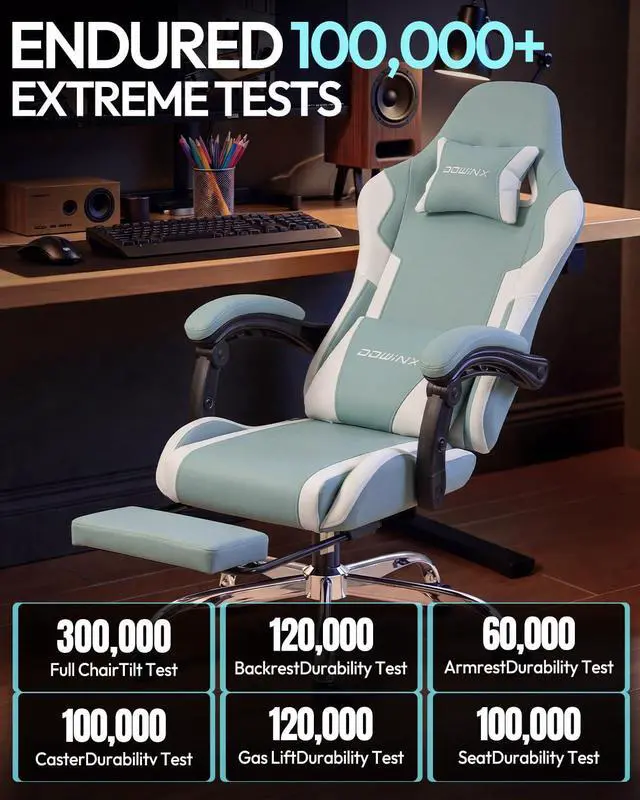 Alt view image 7 of 7 - Dowinx Ergonomic Gaming Chair with Footrest & Massage Lumbar, 2D-Linkage Armrests for Computer Chair 330lbs with Headrest Pillow for Office, Home, Streaming and Long Gaming Sessions, Fabric Blue White